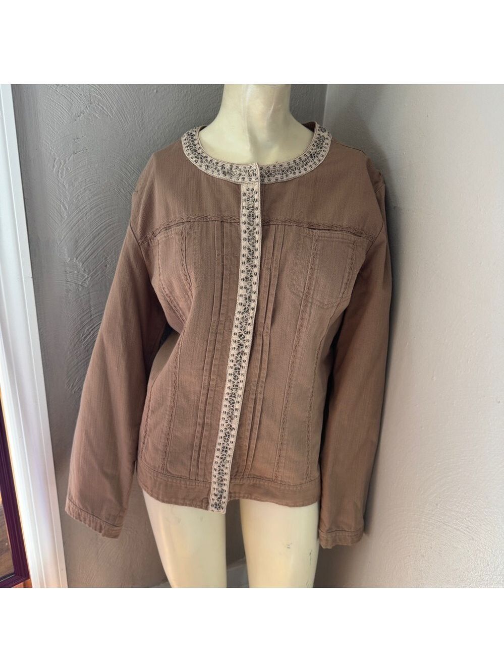 Chico's Brown Denim Beaded Embroidered Trim Casual Blazer size 2 (L)